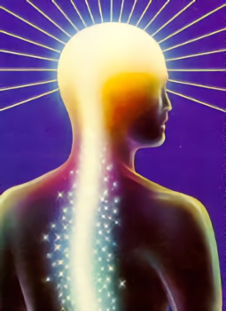 Artistic painting depicting a person with an illuminated spine and cranium, symbolizing the activation of chakras